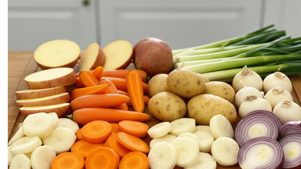 Légumes racines frais coupés (pommes de terre, carottes, patates douces, échalotes, oignon) sur une planche à découper en bois.