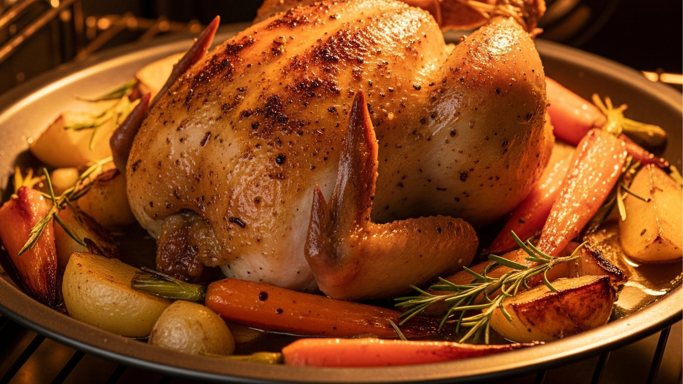 Poulet et légumes rôtissant dans un four chaud, la peau du poulet est dorée et croustillante.