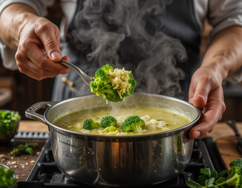 Chef préparant une soupe de brocolis et gorgonzola dans une cuisine rustique.