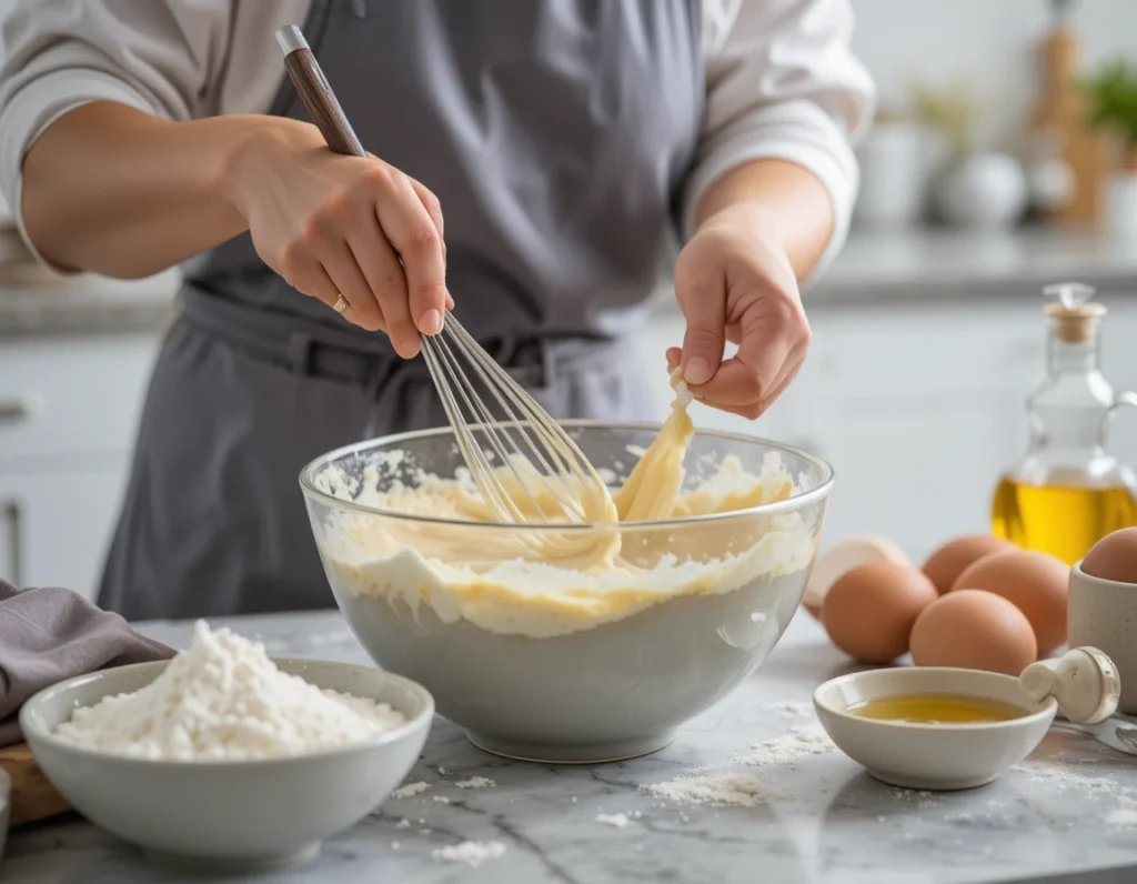 Mains mélangeant la pâte d’un gâteau au yaourt facile dans un bol