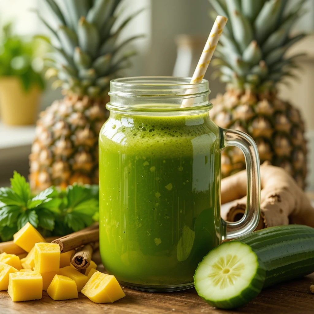 Jus détox vert à l’ananas, concombre, gingembre et cannelle