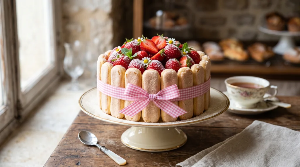 Charlotte aux fraises maison décorée de fraises fraîches et biscuits à la cuillère.