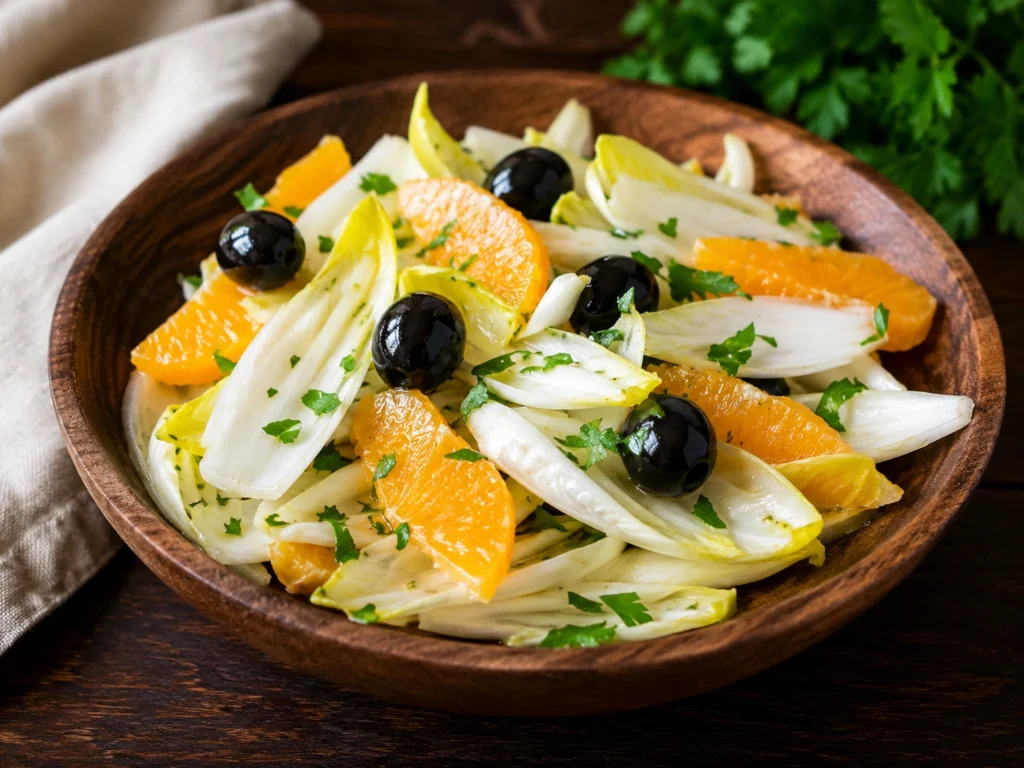 Salade d’endives fraîches avec oranges en quartiers et olives noires dans un bol rustique