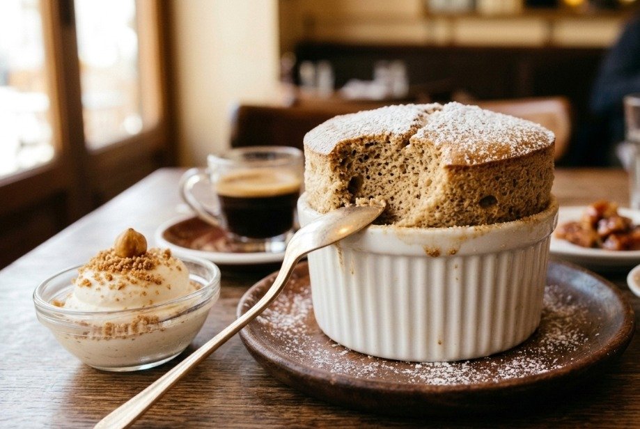 Soufflé praliné-café aérien dans un ramequin blanc sur une table en bois avec un espresso et des noisettes.