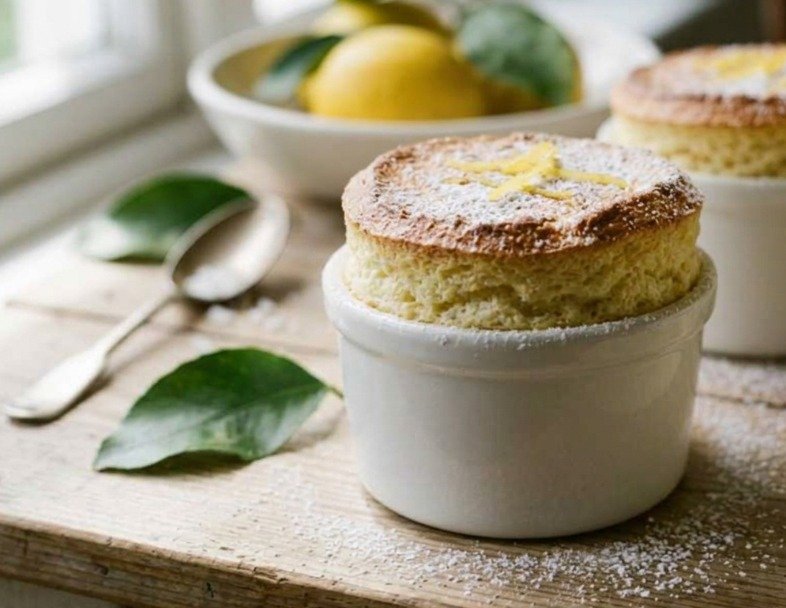 Ramequins de soufflés au citron bien montés et dorés, saupoudrés de sucre glace, sur une table en bois rustique avec des citrons frais en arrière-plan.