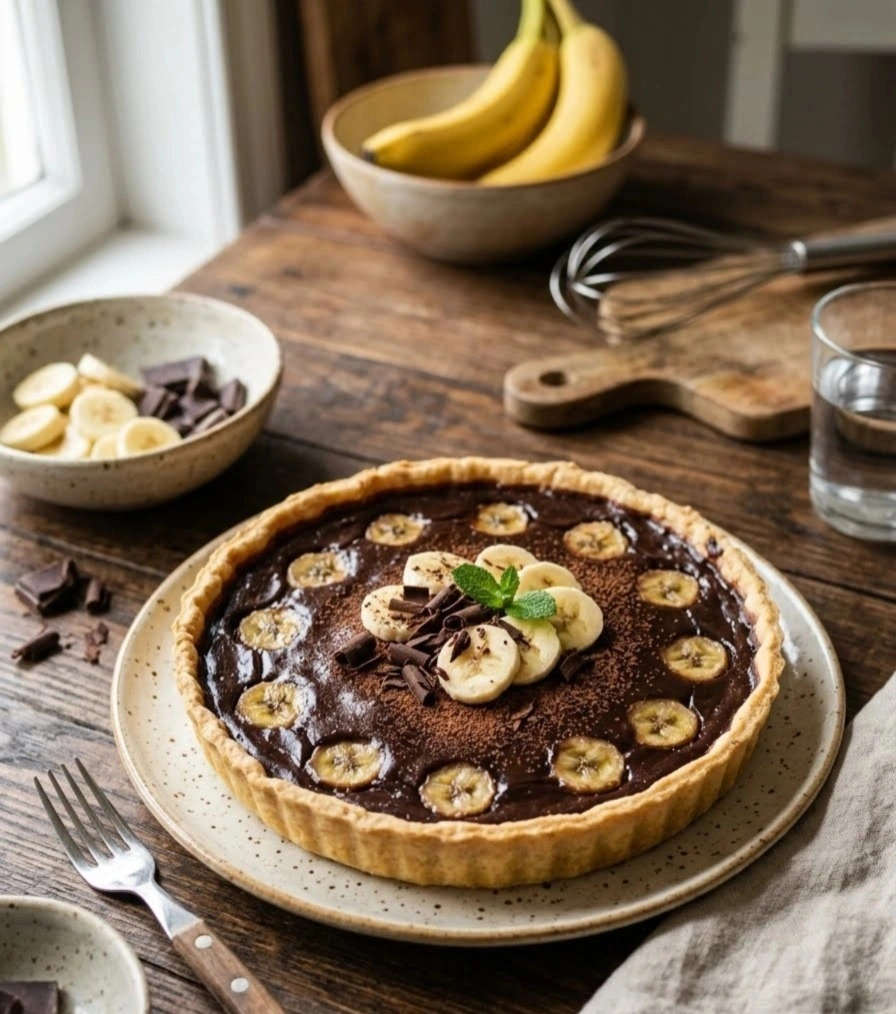 Une part de flan fondant au chocolat noir avec des rondelles de bananes fraîches disposées sur le dessus.