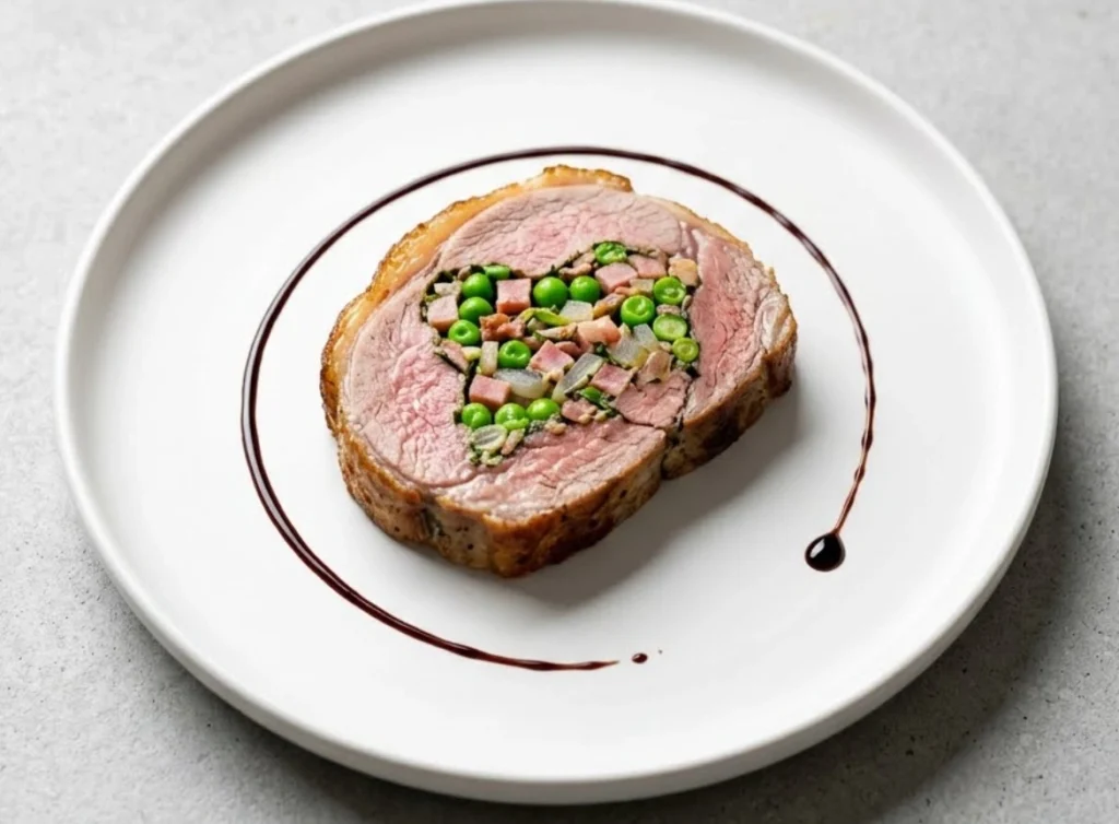 Une tranche épaisse de gigot d'agneau farci aux petits pois et jambon, centrée sur une assiette blanche avec un filet de sauce au porto.