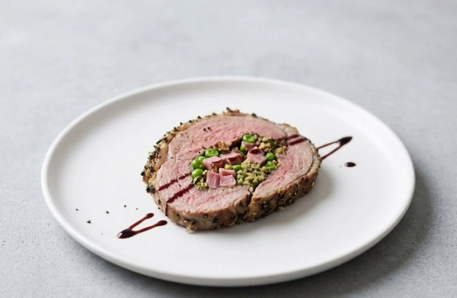 Une tranche épaisse de gigot d'agneau farci aux petits pois et jambon, centrée sur une assiette blanche avec un filet de sauce au porto.