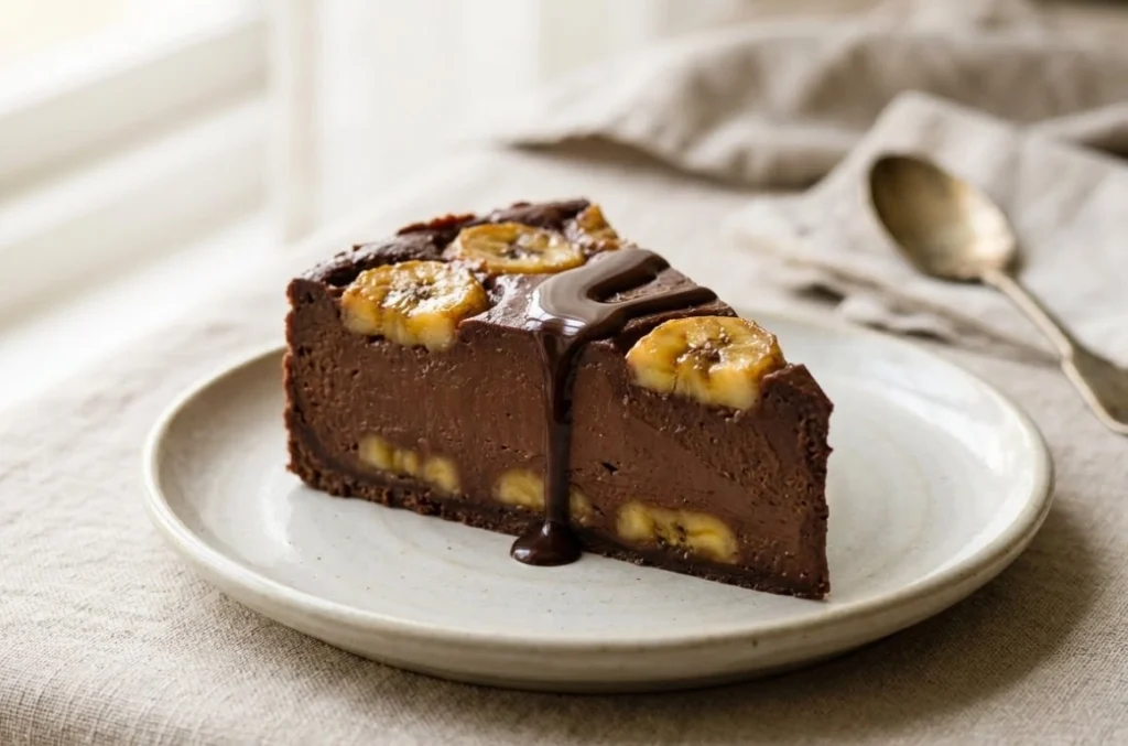 Une part de flan fondant au chocolat noir avec des rondelles de bananes fraîches disposées sur le dessus.