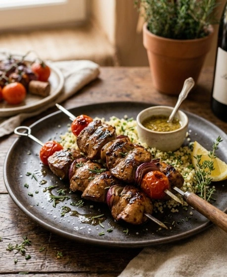 Brochettes de foies de volaille grillées avec tomates et lard fumé servies sur un plat rustique