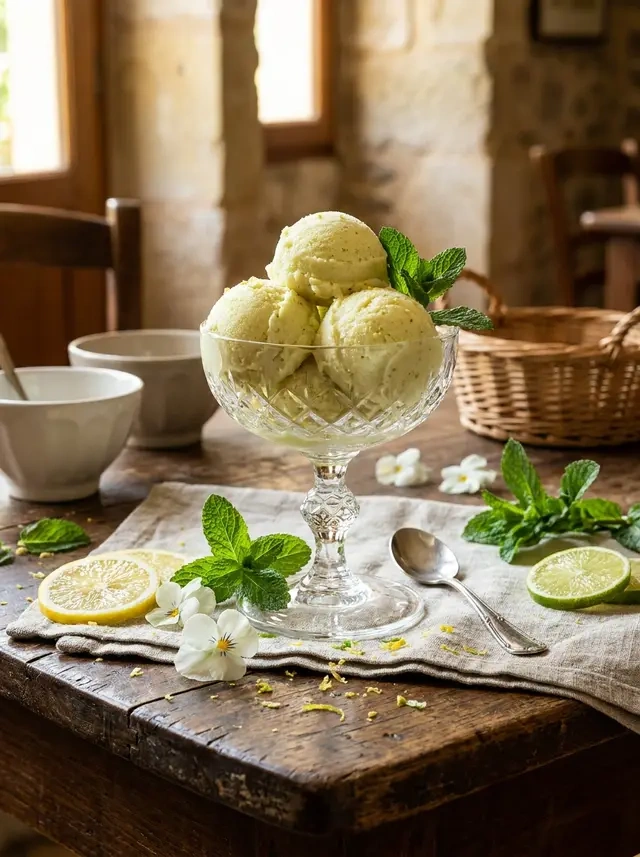 Une coupe en verre remplie de boules de glace au citron maison décorée de feuilles de menthe fraîches