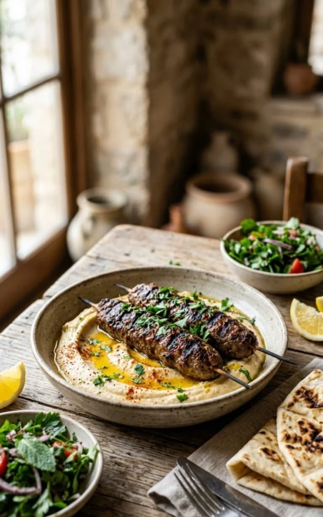 Brochettes d'agneau haché au cumin grillées, servies sur un lit de houmous chaud nappé de beurre fondu dans un bol en céramique.