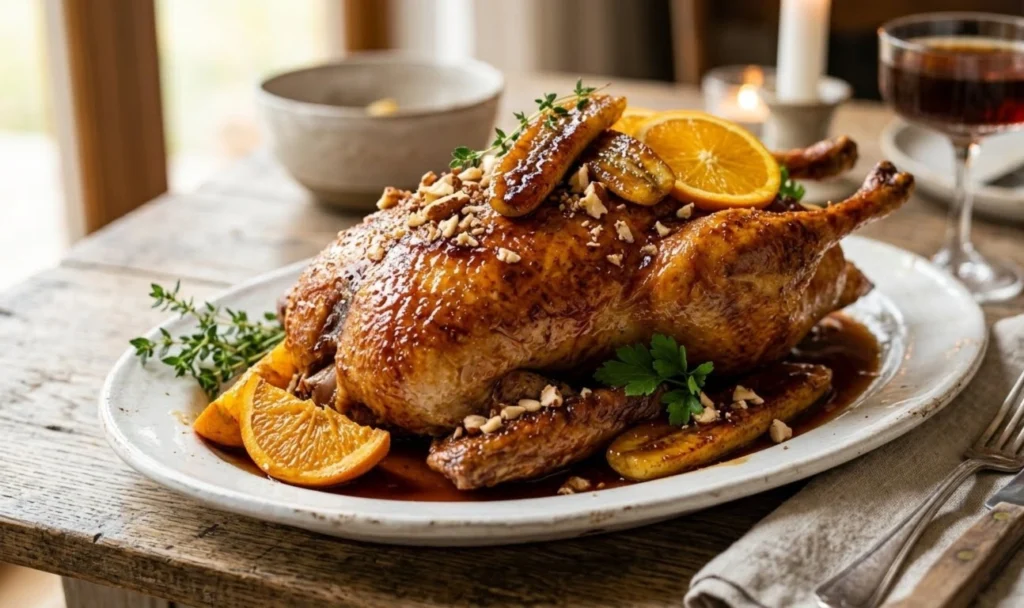 : Canard à la brésilienne servi avec des oranges, des bananes et une sauce parfumée au rhum.