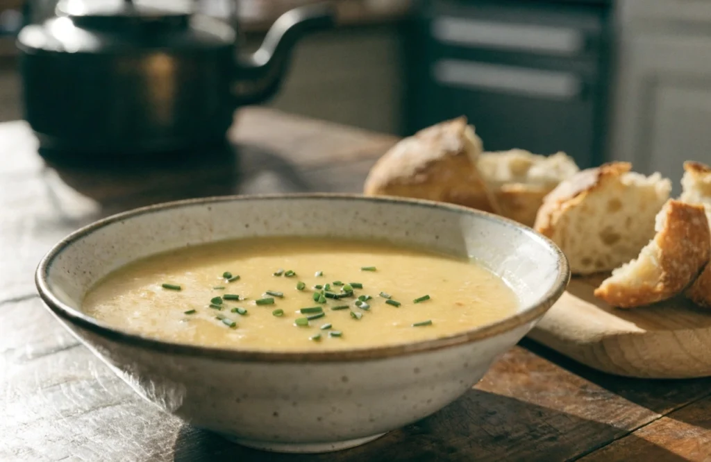Bol de soupe aux pommes de terre et poireaux crémeuse garnie de ciboulette fraîche