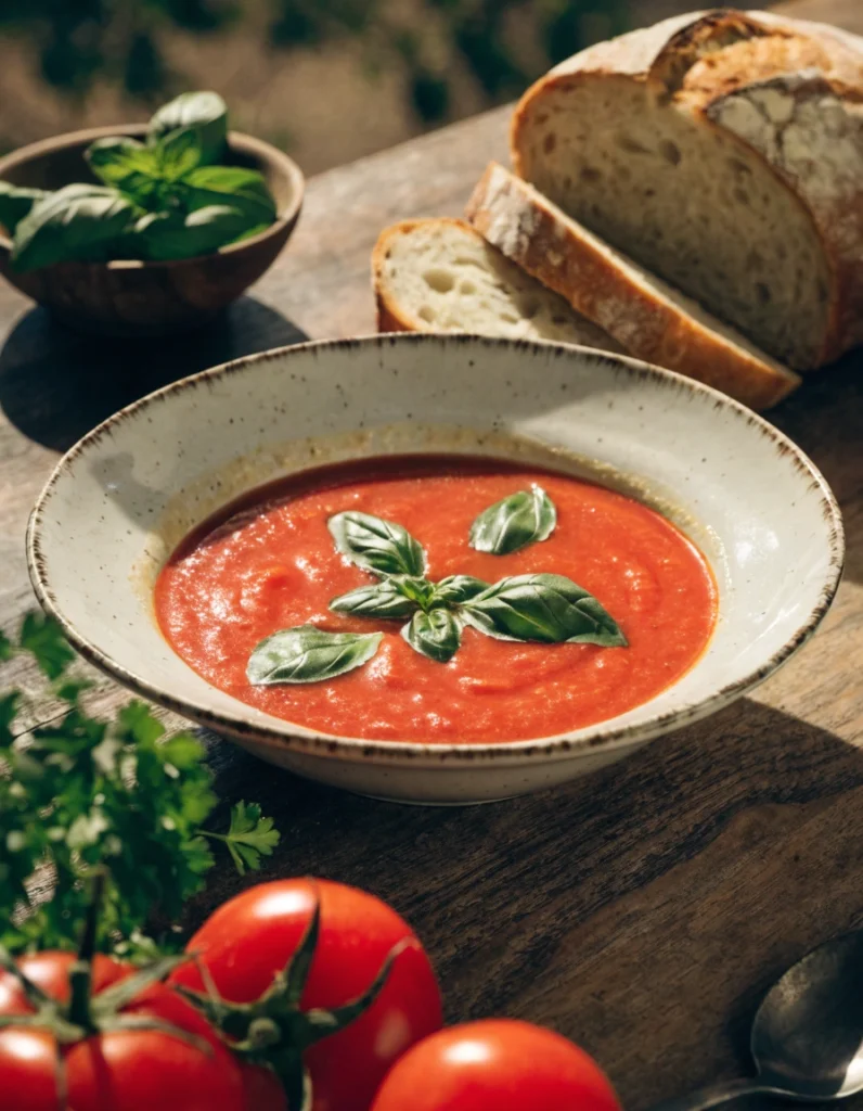 Bol de soupe aux tomates et aux herbes fraîches garni de basilic sur une table rustique
