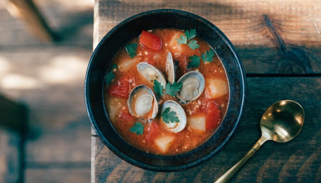 Un bol fumant de Manhattan Clam Chowder aux tomates et palourdes, parsemé de persil frais sur une table en bois rustique.