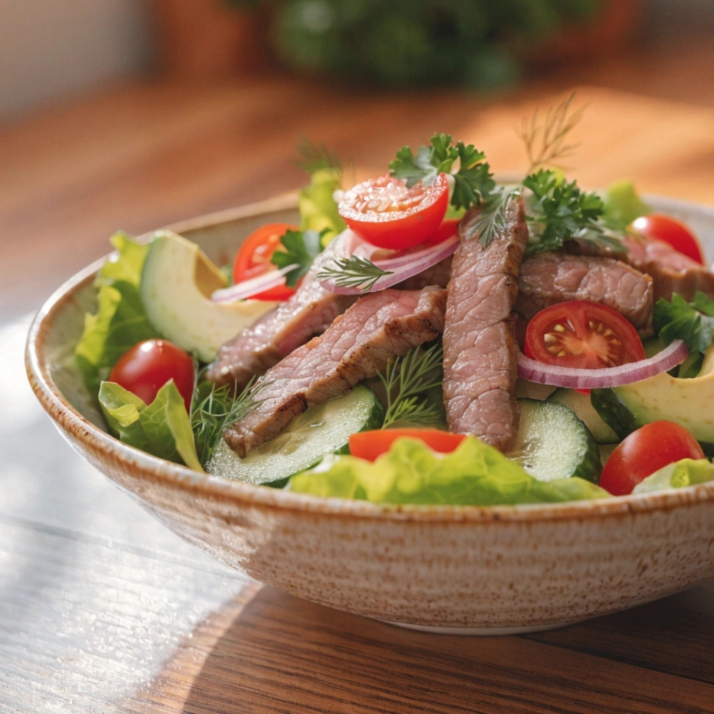 Salade de bœuf maison avec légumes frais, tomates, concombre et fines tranches de bœuf grillé