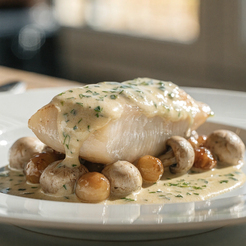 Lotte rôtie en papillote servie avec champignons de Paris, oignons grelots et sauce crémeuse au vin blanc.