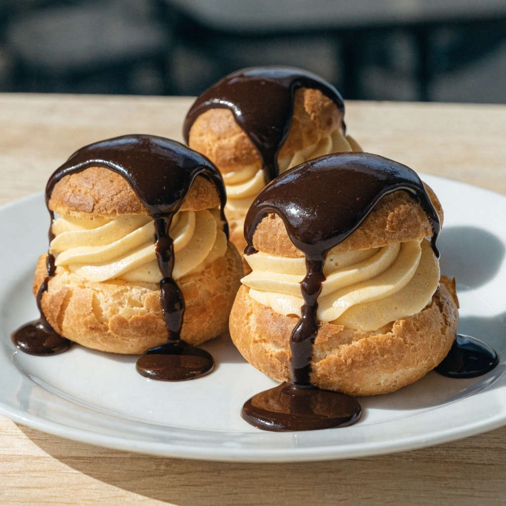Petits choux à la crème pâtissière nappés de sauce au chocolat maison.
