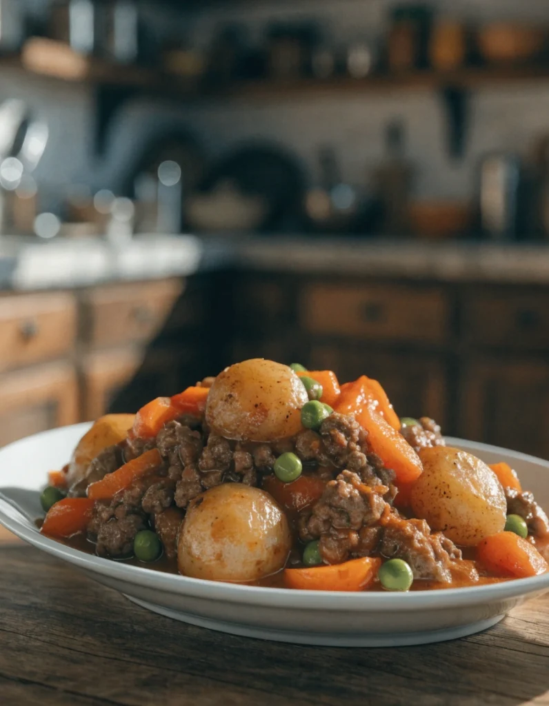 Mijoté de bœuf haché aux pommes de terre, carottes et légumes préparé à la mijoteuse.