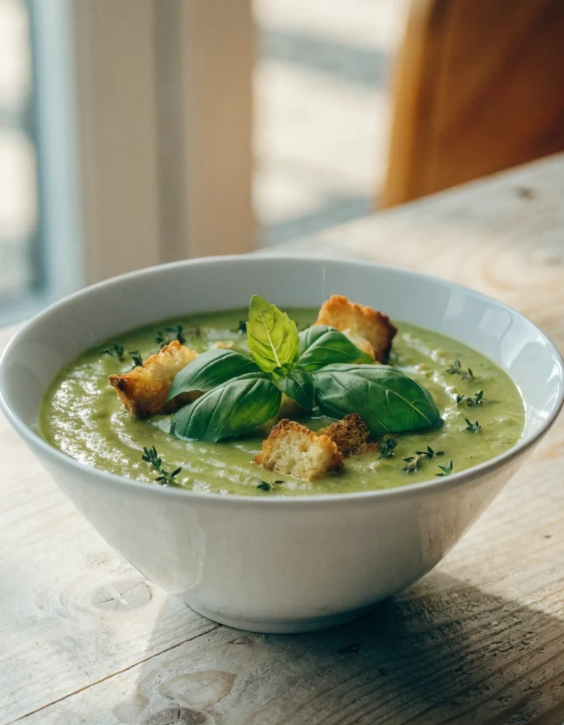 Bol de velouté de courgettes crémeux préparé maison avec basilic frais et croûtons dorés.