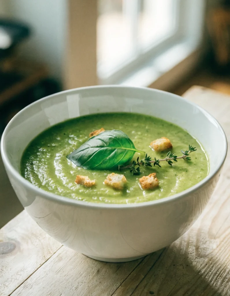 Bol de velouté de courgettes crémeux préparé maison avec basilic frais et croûtons dorés.