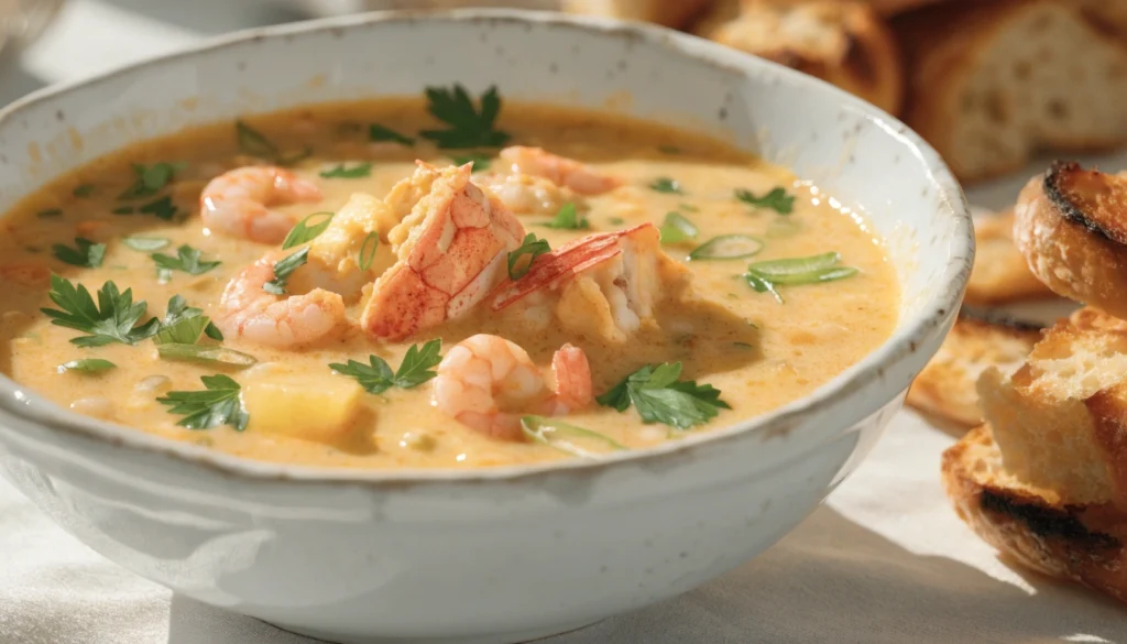 Chowder vite fait aux fruits de mer servie dans un bol, garnie de persil frais et accompagnée de pain croustillant.