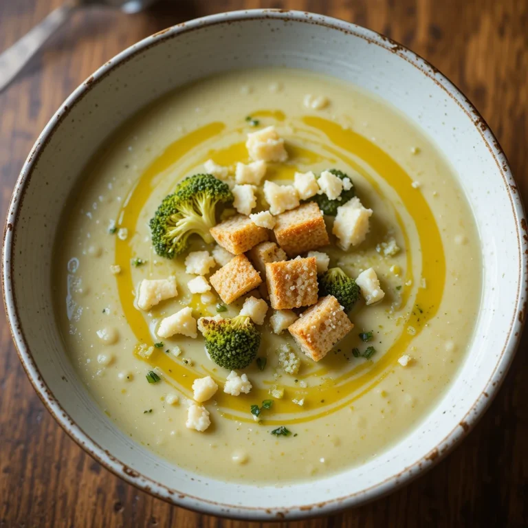 Bol de soupe brocolis et gorgonzola avec croûtons sur plateau en bois rustique.