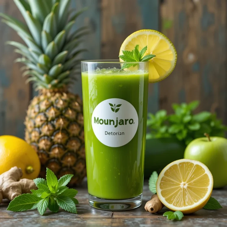 erre de jus vert Manjaro avec rondelle de citron vert et feuilles de menthe, entouré d’ananas et pommes vertes