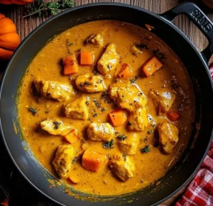 Curry de poulet à la courge prêt à être servi dans un bol coloré
