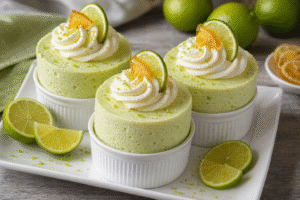 soufflés glacés au citron vert décorés avec crème et citron confit