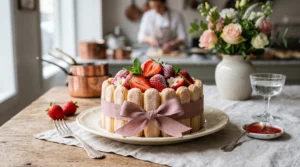 Charlotte aux fraises maison décorée de fraises fraîches et biscuits à la cuillère.