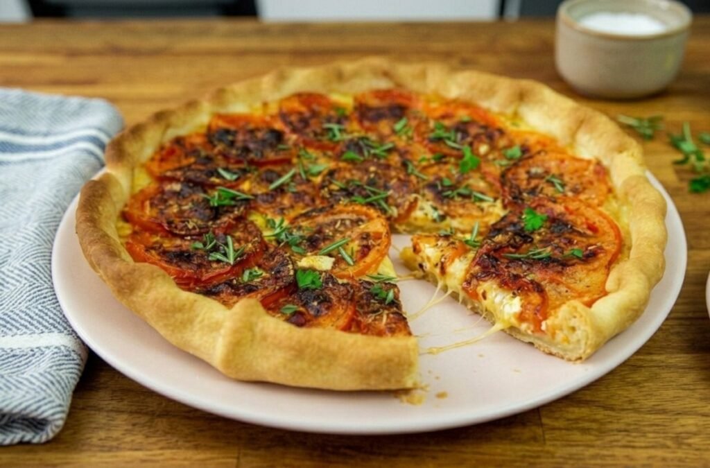 Une tarte fine aux tomates coupée, révélant du fromage fondu filant, présentée sur une assiette rose pâle sur une table en bois avec une serviette et de l'huile d'olive en arrière-plan.