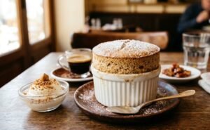 Soufflé praliné-café aérien dans un ramequin blanc sur une table en bois avec un espresso et des noisettes.