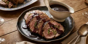 Une tranche épaisse de gigot d'agneau farci aux petits pois et jambon, centrée sur une assiette blanche avec un filet de sauce au porto.