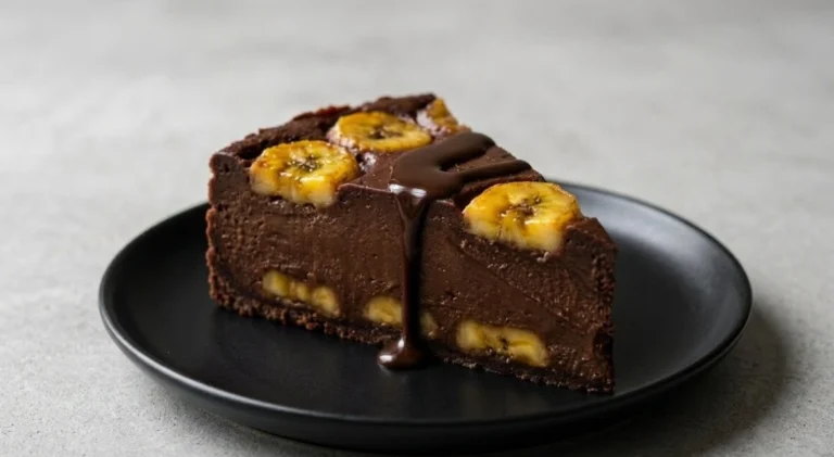 Une part de flan fondant au chocolat noir avec des rondelles de bananes fraîches disposées sur le dessus.