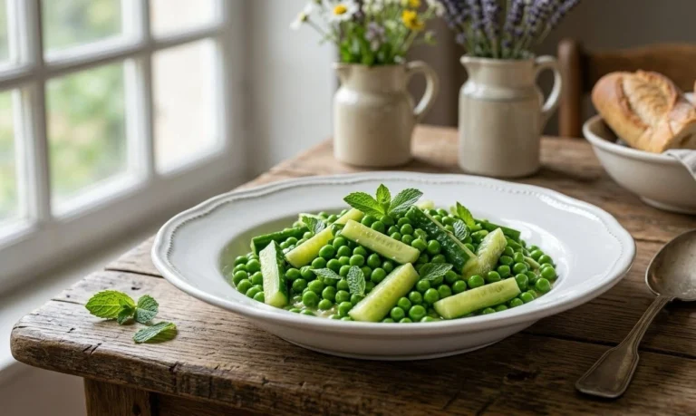 Petits Pois au Concombre recette française traditionnelle avec petits pois verts, concombre, menthe fraîche et sauce au beurre.