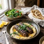 Brochettes d’agneau au cumin et houmous chaud maison