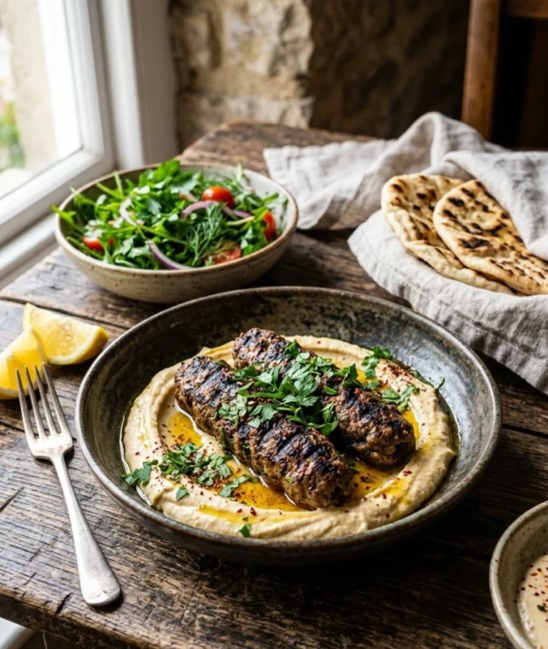 Brochettes d'agneau haché au cumin grillées, servies sur un lit de houmous chaud nappé de beurre fondu dans un bol en céramique.