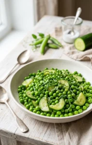 Petits Pois au Concombre recette française traditionnelle avec petits pois verts, concombre, menthe fraîche et sauce au beurre.