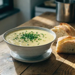 Bol de soupe aux pommes de terre et poireaux crémeuse garnie de ciboulette fraîche