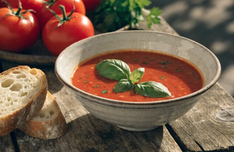 Bol de soupe aux tomates et aux herbes fraîches garni de basilic sur une table rustique