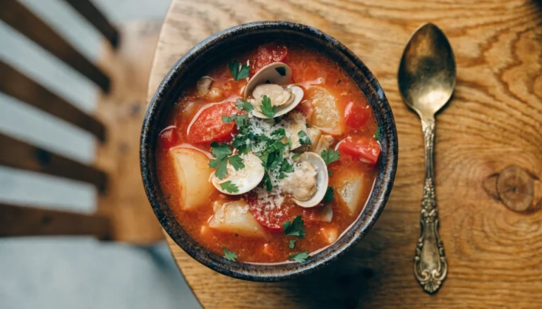Un bol fumant de Manhattan Clam Chowder aux tomates et palourdes, parsemé de persil frais sur une table en bois rustique.