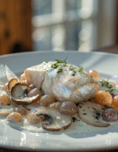 Lotte rôtie en papillote servie avec champignons de Paris, oignons grelots et sauce crémeuse au vin blanc.
