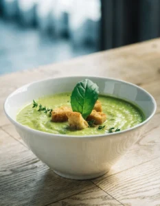 Bol de velouté de courgettes crémeux préparé maison avec basilic frais et croûtons dorés.