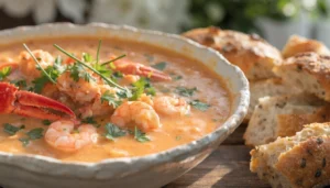 Chowder vite fait aux fruits de mer servie dans un bol, garnie de persil frais et accompagnée de pain croustillant.