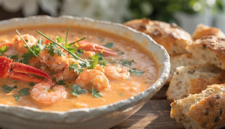 Chowder vite fait aux fruits de mer servie dans un bol, garnie de persil frais et accompagnée de pain croustillant.